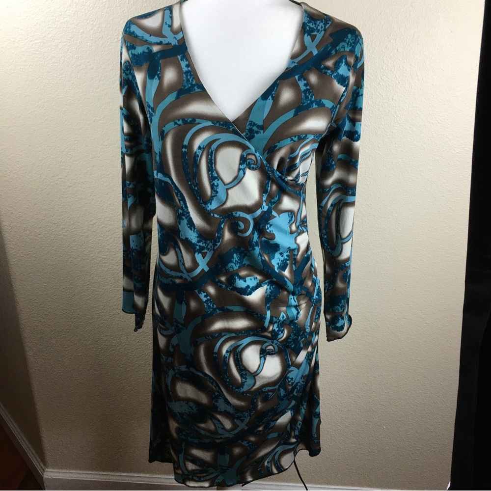 My Tribe Women Blue and Turquoise, Taupe Long Sleeve  Stretchy Midi Dress Size M
